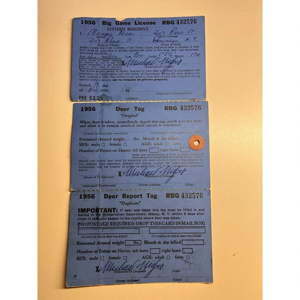 Vintage NYS Big Game Hunting Tags Lot 1956–1962 Deer Bear License Paper Ephemera